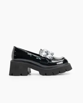 (Clean Up - US 5) Rhinestone Decor Patent Leather Platform Loafers