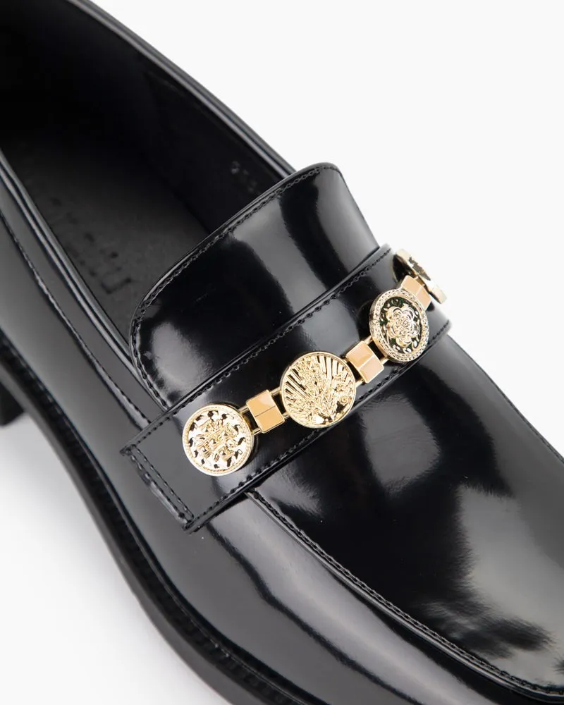 (Clean Up - US 7.5) Metal Chain Leather Slip on Penny Mid Heel Loafers