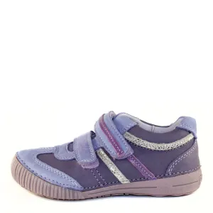 D.D. Step Little Kid Girl Double Strap Shoes Violet With Silver And Purple Stripes - Supportive Leather From Europe Kids Orthopedic