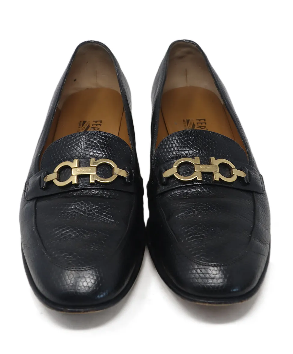 Ferragamo Black Pressed Leather Loafers sz 12