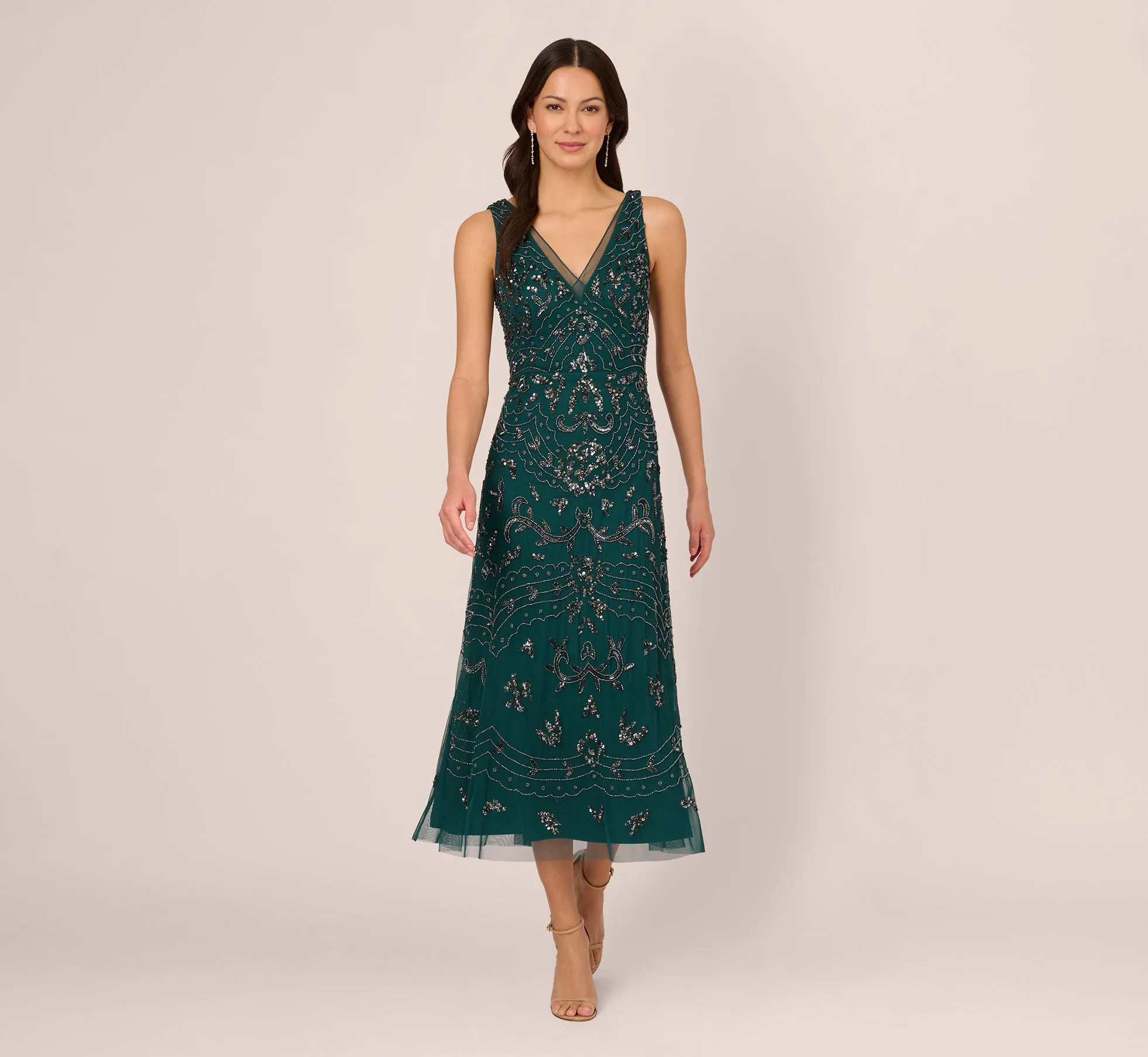 Hand-Beaded Ankle-Length Dress In Gem Green