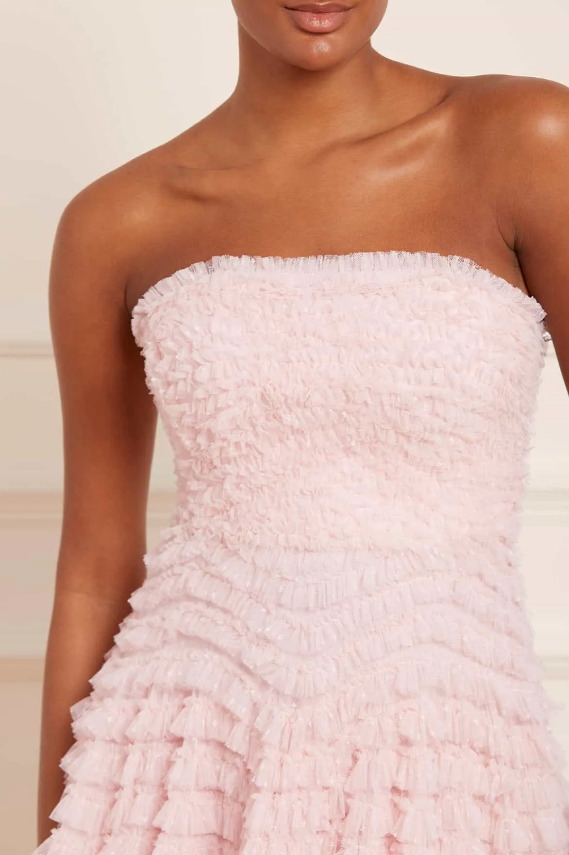 Hattie Ruffle Strapless Ankle Gown