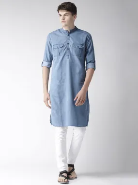 Men Blue Solid Denim Pathani Kurta