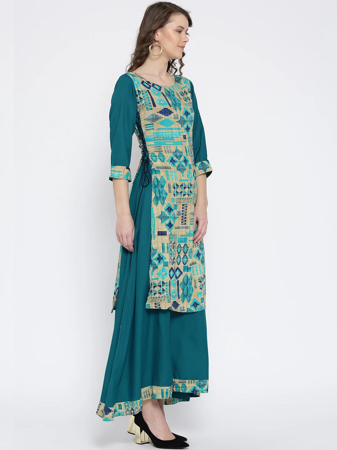 Women Beige & Teal Rayon Printed Dress