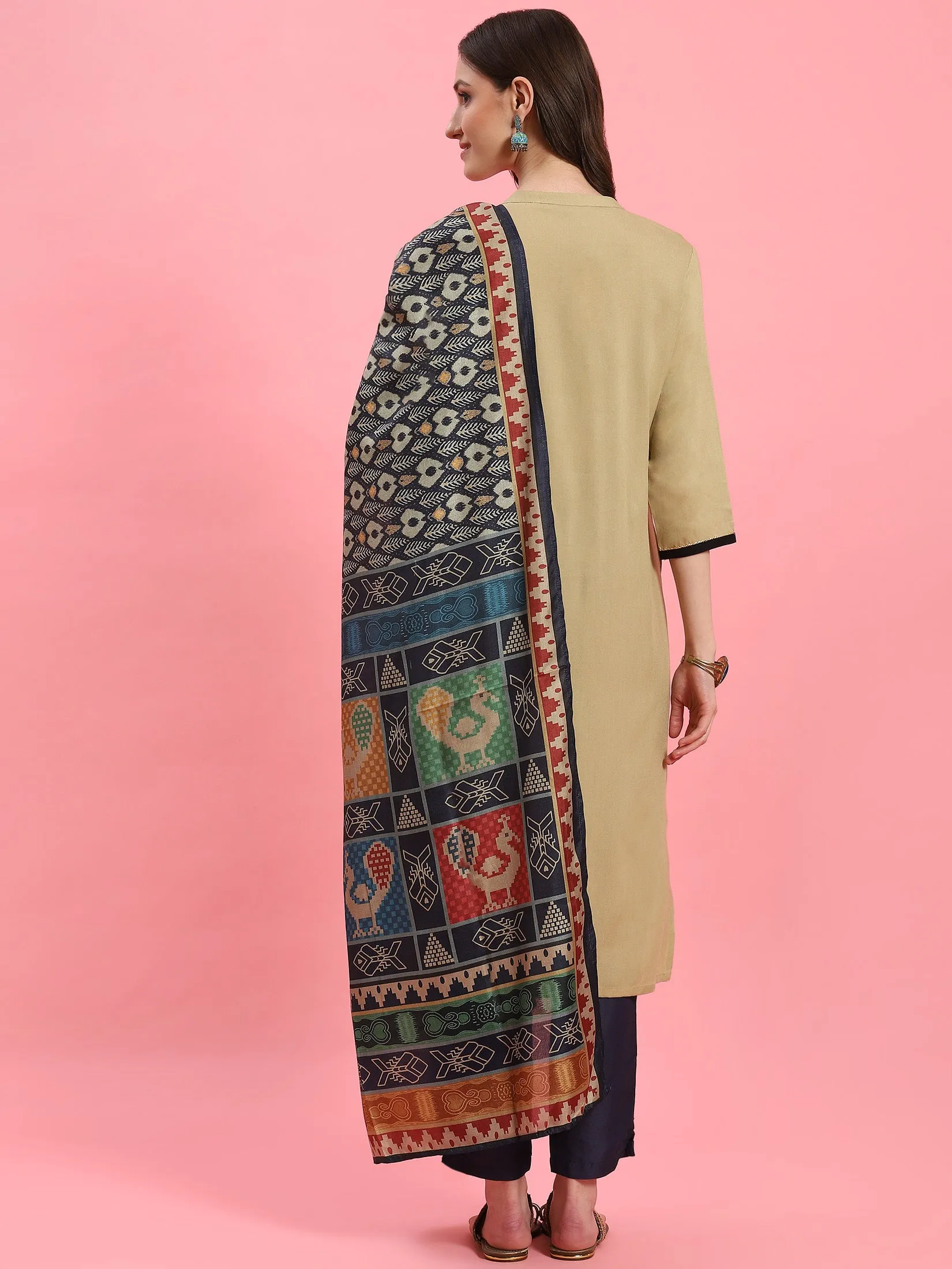 Women Beige Solid Kurta Trouser Dupatta